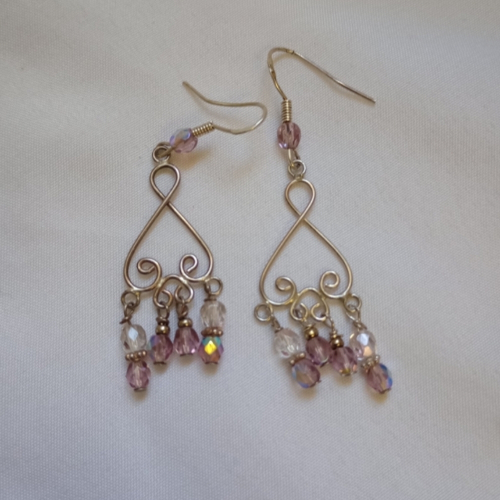 Handmade Wire Dangle Beaded Earrings Iridescent Pink Clear Crystals Casual